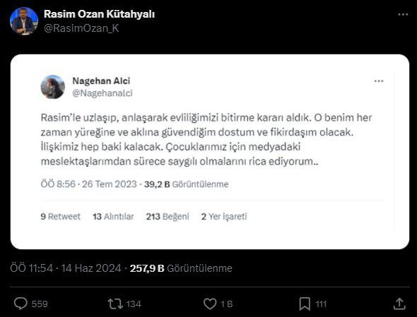 <p>Kütahyalı, Alçı'nın ayrılık sürecinde yaptığı paylaşımın ekran görüntüsünü X hesabından paylaştı. </p>