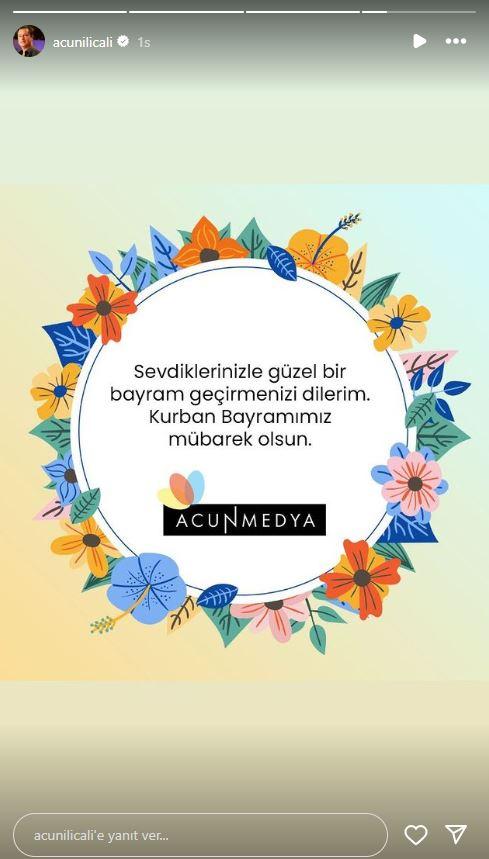 <p><strong>ACUN ILICALI</strong></p>

<p><strong>"Sevdiklerinizle güzel bir bayram geçirmenizi dilerim. Kurban Bayramımız mübarek olsun."</strong></p>
