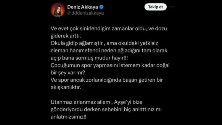 <p><span style="color:#006400"><strong>KIZIYLA MESAJLARINI İFŞA ETTİ!</strong></span></p>
<p>Kızıyla yaşadığı sorunların hepsini sosyal medya hesabı üzerinden paylaşan Akkaya şimdi de kızı Ayşe ile olan WhatsApp konuşmalarını <em><strong>"Ve evet çok sinirlendiğim zamanlar oldu ve dozu giderek arttı. Okula gidip ağlamıştır ama okuldaki yetkisiz eleman hanımefendi neden ağladığını tam olarak açıp bana sormuş mudur hayır! Çocuğumun spor yapmasını istemem kadar doğal bir şey var mı? Ve spor ancak zorlanıldığında başarı getiren bir akışkanlıktır. Utanmaz arlanmaz ailem, Ayşe'yi bize gönderiyordu derken sebebini hiç anlattınız mı?</strong></em></p>