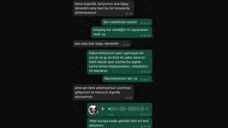 <p><span style="color:#0000CD"><em><strong>"NANKÖRSÜN, NANKÖR"</strong></em></span></p>
<p>Mesajların devamında çok sinirlendiği anlaşılan Akkaya son olarak ise <em><strong>"Sen nankörsün nankör. Arkadaş her istediğini mi yapacaksın nedir ya. Kabul etmiyorum spor yapmayan bir çocuk ve şu an bize en yakın, sana en etkili olacak spor yüzme. Bu yaştan sonra tenise başlayacaksın, voleybolcu mu olacaksın? Saçmalıyorsun sen ya. Yeter buraya kadar getirdin, ben evi terk ediyorum"</strong></em> ifadelerini kullanıyor.</p>