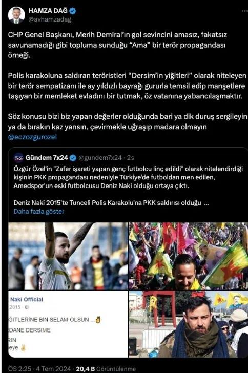 <p>Özgür Özel'e AK Parti'den tepki geldi. AK Parti Genel Başkan Yardımcısı Hamza Dağ,<strong><em> "CHP Genel Başkanı, Merih Demiral'ın gol sevincini amasız, fakatsız savunamadığı gibi topluma sunduğu "Ama" bir terör propagandası örneği. Polis karakoluna saldıran teröristleri "Dersim'in yiğitleri" olarak niteleyen bir terör sempatizanı ile ay yıldızlı bayrağı gururla temsil edip manşetlere taşıyan bir memleket evladını bir tutmak, öz vatanına yabancılaşmaktır. Söz konusu bizi biz yapan değerler olduğunda bari ya dik duruş sergileyin ya da bırakın kaz yansın, çevirmekle uğraşıp madara olmayın" </em></strong>dedi.</p>
