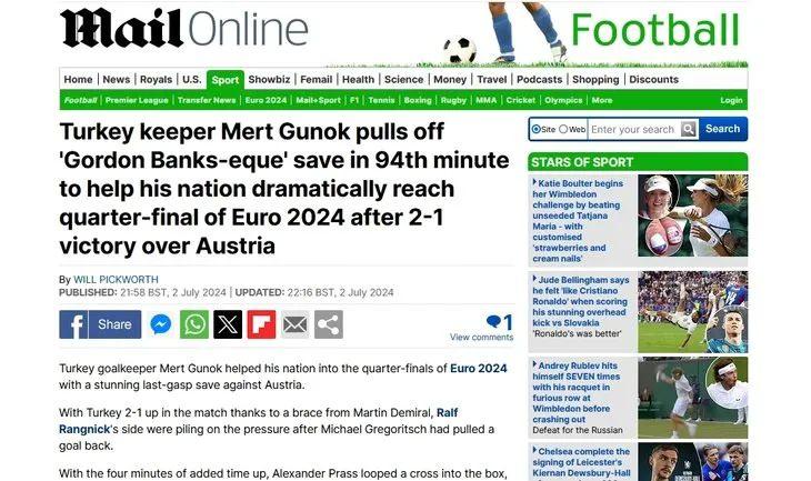 <p>Türkiye kalecisi Mert Günok, 90+4. dakikada Gordon Banks-vari bir kurtarışla takımını EURO 2024'te çeyrek finale taşıdı. (Mail Online)</p>

<p> </p>
