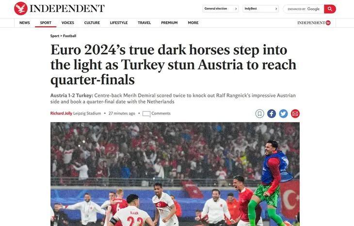 <p>EURO 2024'e erken veda edeceği düşünülen Türkiye, Avusturya'yı yıkarak çeyrek finale yükseldi ve şüphe edenleri haksız çıkardı. (Independent)</p>

<p> </p>
