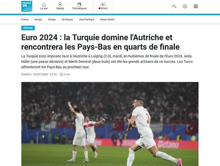 <p>Türkler, Avusturya'yı saf dışı bırakarak çeyrek finale uzandı. Arda Güler bir asist, Merih Demiral iki golle galibiyetin mimarları oldu. (France24)</p>
<p> </p>