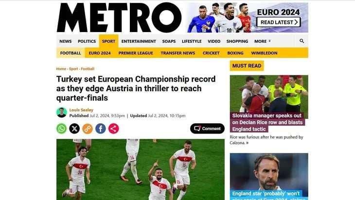 <p>Türkiye, Avrupa Şampiyonası tarihine geçtiği nefes kesen maçta Avusturya'yı turnuva dışına iterek çeyrek finale uzandı. (Metro)</p>