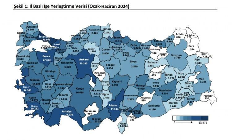 <p>Ocak-Haziran 2024 döneminde sektörler itibarıyla en fazla işe yerleştirme sanayi sektöründe “İmalat” alanında; mesleklere göre ise en fazla işe yerleştirme sırasıyla “Turizm ve Otelcilik Elemanı, Özel Güvenlik Görevlisi (Silahsız) ve Reyon Görevlisi” mesleklerinde gerçekleştirildi.</p>

<p> </p>
