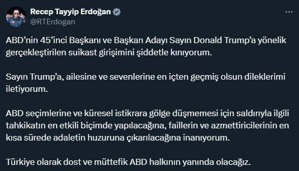 <p>11:00</p>
<p>ERDOĞAN'DAN İLK AÇIKLAMA</p>
<p><br />
Cumhurbaşkanı Erdoğan, sosyal medya hesabından ABD Başkan adayı Donald Trump'a yönelik saldırıyı kınayarak, geçmiş olsun dileklerini iletti.</p>