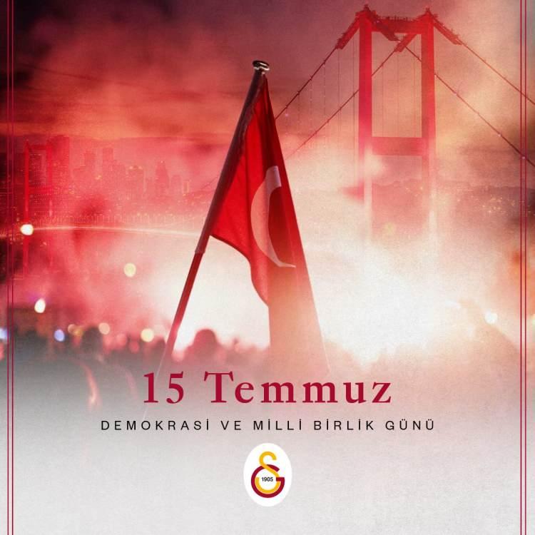 <p>Galatasaray: Ülkemizin bütünlüğünü bölmeye yönelik hain darbe girişiminin 8. yılında demokrasi şehitlerimizi rahmetle anıyoruz. Türk milletinin kendi geleceğini belirleme hakkını gasp etmeye çalışanların, karanlık emellerine asla ulaşamamalarını yürekten diliyoruz. Cumhuriyetimizin çağdaşlık ufku daima açık, 15 Temmuz Demokrasi ve Milli Birlik Günü birlik beraberliğimizin güçlü temellerinden olsun.</p>