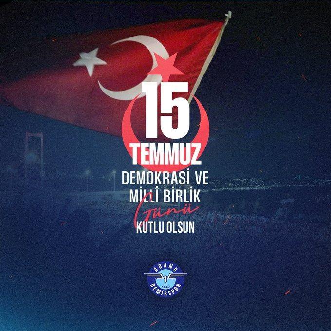 <p>Adana Demirspor: 15 Temmuz hain darbe girişiminin yıl dönümünde aziz milletimize şükranlarımızı sunuyor; şehitlerimize Allah’tan rahmet, gazilerimize şifalar diliyoruz.</p>