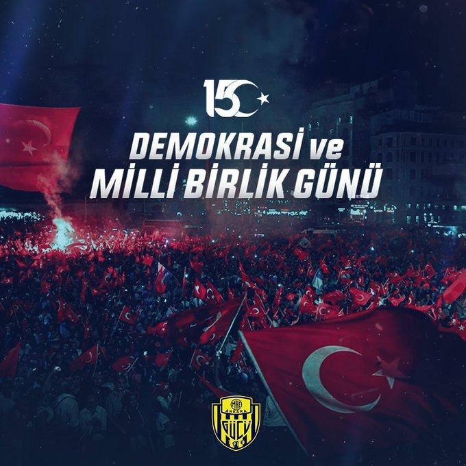 <p>Ankaragücü: 15 Temmuz hain darbe girişiminin 8. yıl dönümünde; milli irademizi kahramanca savunan aziz şehitlerimizi rahmetle anıyor, gazilerimize minnetlerimizi sunuyoruz. 15 Temmuz Demokrasi ve Milli Birlik Günü kutlu olsun.</p>

