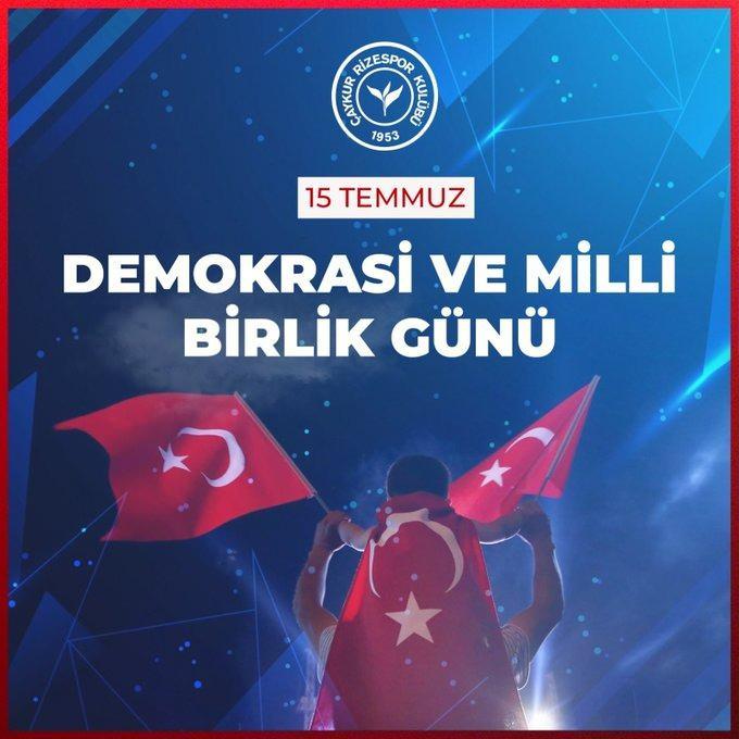 <p>Çaykur Rizespor: Hain darbe girişiminin yıldönümünde, ihanete boyun eğmeyen korkusuz milletimize şükranlarımızı sunuyor; şehitlerimizi saygıyla anıyoruz.</p>