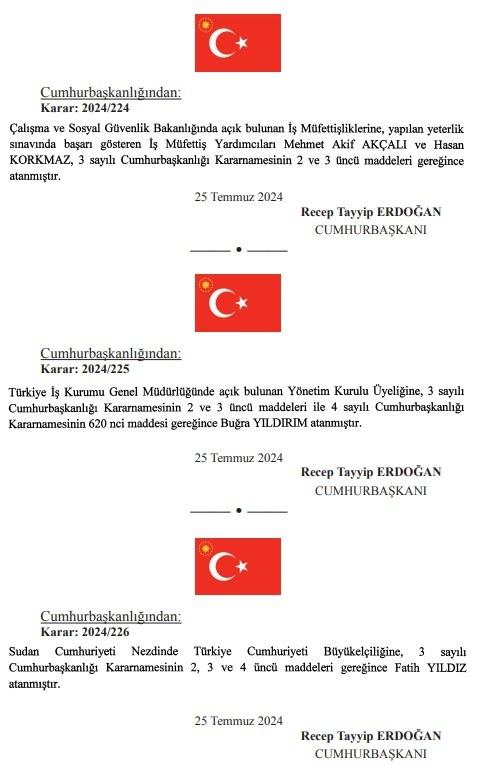 <p>Çalışma ve Sosyal Güvenlik Bakanlığında açık bulunan iş müfettişliği görevlerine Mehmet Akif Akçalı ve Hasan Korkmaz atanırken, Buğra Yıldırım da Türkiye İş Kurumu Genel Müdürlüğünün yönetim kurulu üyeliğine görevlendirildi.</p>

<p> </p>
