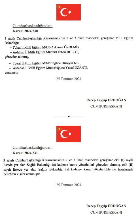 <p>Tokat İl Milli Eğitim Müdürü Ahmet Özdemir ile Ardahan İl Milli Eğitim Müdürü Erhan Bulut görevden alınırken, Tokat'a Hüseyin Kır, Ardahan'a ise Yusuf Uzantı yeni il milli eğitim müdürü olarak görevlendirildi.</p>
<p> </p>