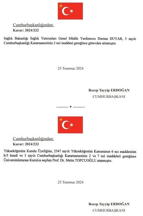 <p>Buna göre, Bakan Yardımcısı Tolga Tolunay, Sağlık Bilgi Sistemleri Genel Müdürü Şali Yıldırım, Hukuk Hizmetleri Genel Müdürü İlhan Hatiboğlu, Yönetim Hizmetleri Genel Müdürü Celal Şahin, Teftiş Kurulu Başkanı Davut Eker ve Sağlık Yatırımları Genel Müdür Yardımcısı Dursun Uyar görevden alındı.</p>
<p> </p>
<p>Cumhurbaşkanı Erdoğan, Sağlık Bakan Yardımcılığı görevine Halim Özçevik'i atadı.</p>
<p> </p>