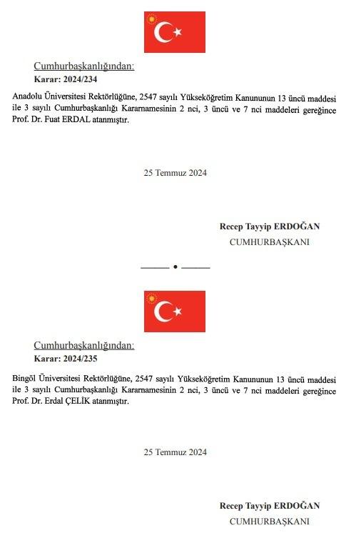 <p><em><strong>Anadolu Üniversitesi Rektörlüğüne Prof. Dr. Fuat Erdal, Bingöl Üniversitesi Rektörlüğüne Prof. Dr. Erdal Çelik</strong></em></p>