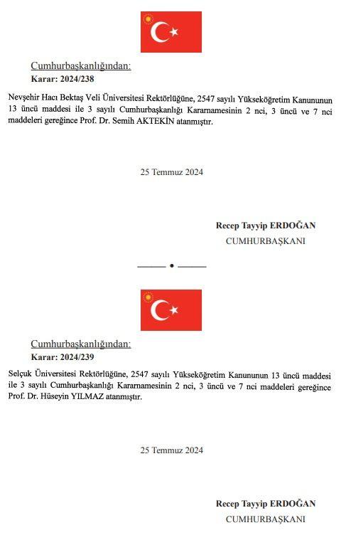 <p><em><strong>Nevşehir Hacı Bektaş Veli Üniversitesi Rektörlüğüne Prof. Dr. Semih Aytekin, Selçuk Üniversitesi Rektörlüğüne Prof. Dr. Hüseyin Yılmaz,</strong></em></p>