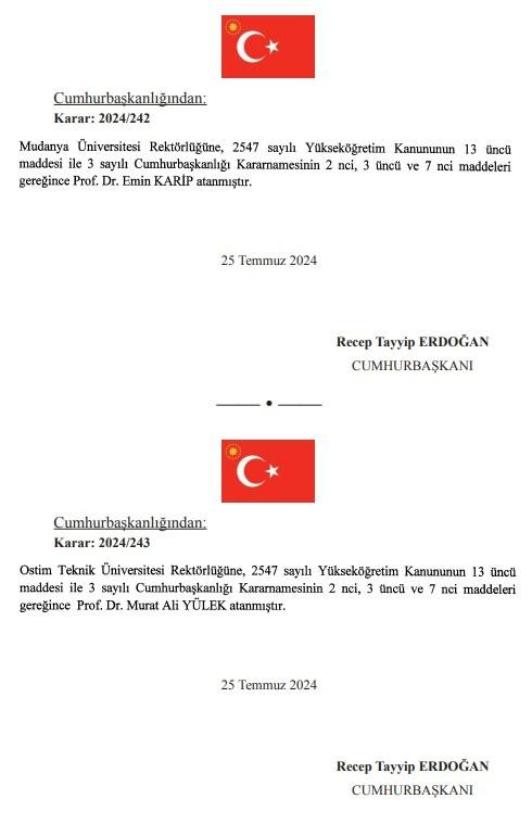 <p><em><strong>Mudanya Üniversitesi Rektörlüğüne Prof. Dr. Emin Karip, Ostim Teknik Üniversitesi Rektörlüğüne Prof. Dr. Ali Murat Yülek </strong></em></p>