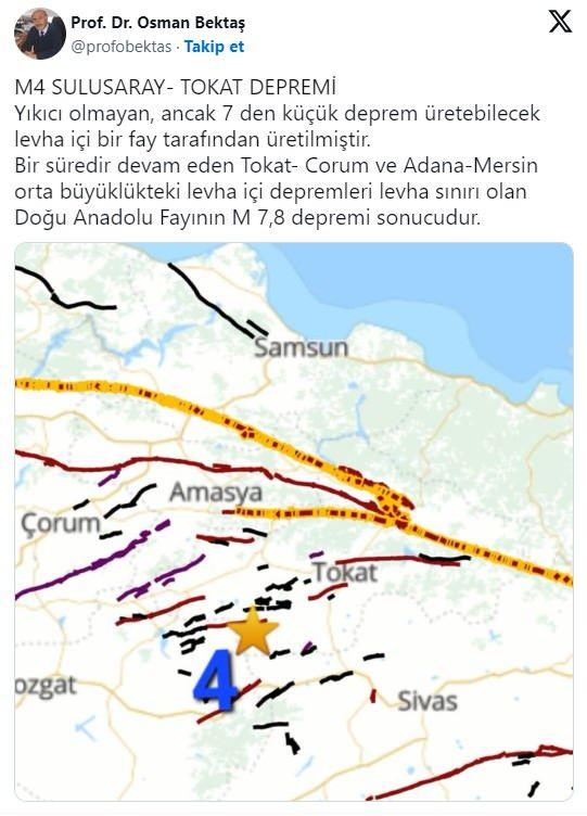 <p>Sosyal medya hesabından a&ccedil;ıklamada bulunan Jeoloji M&uuml;hendisi Prof. Dr. Osman Bektaş Tokat- Corum ve Adana-Mersin&rsquo;e dikkat &ccedil;ekerek, Tokat depremini yorumladı.</p>
