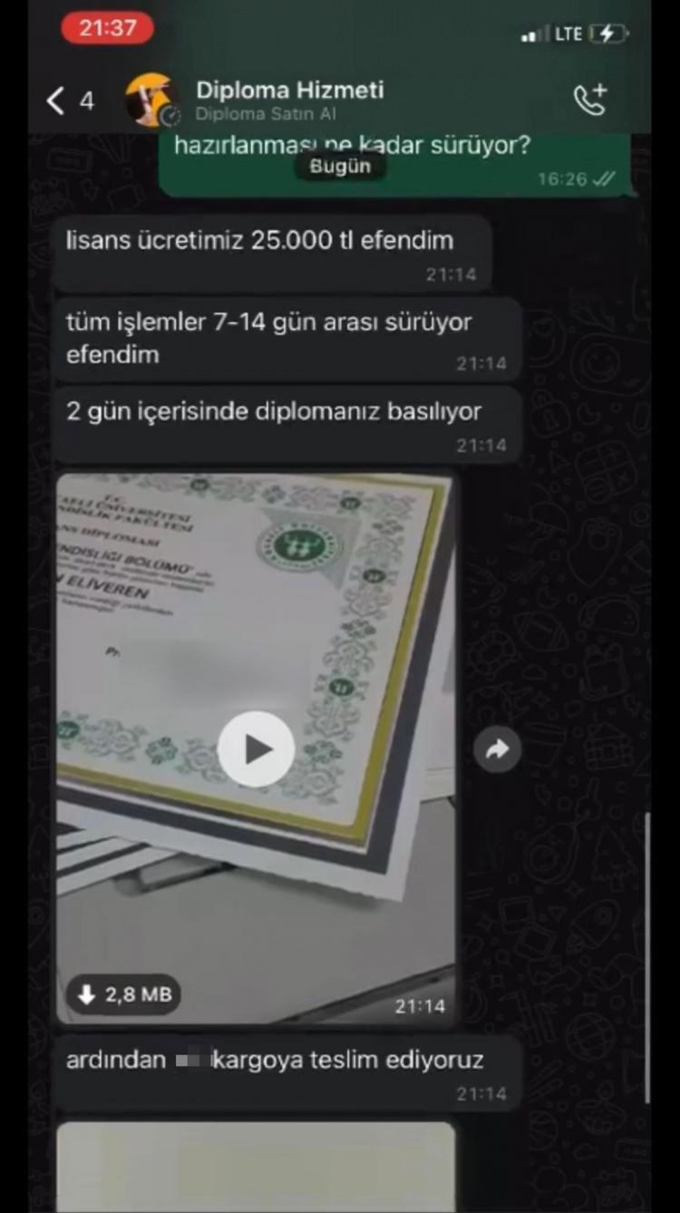 <p>Öte yandan, benzer bir sayfanın kuruluşunu 2009 yılına kadar dayandırdığı, sahte diploma basımı işinde eski olduğunu belirterek fiyat listesi dahi yayınladığı görüldü. En son 2023 yılına dair yayınlanan fiyat listesinde, lisans diplomasının 10 bin lira, yüksek lisans diplomasının 12 bin lira, lise diplomasının 6 bin lira, ön lisans diplomasının 8 bin lira ve ilköğretim diplomasının 4 bin lira olarak yer aldığı görüldü.</p>
<p> </p>