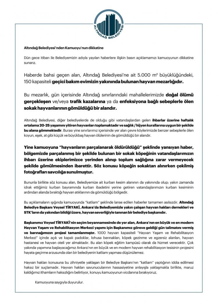 <p>Gece saatlerinde yaşanan olay sosyal medyanın gündemine oturdu. Hayvanların parçalarını içeren videolar kısa zamanda pek çok sayfa tarafından paylaşıldı.</p>
<p>Konu hakkında Altındağ Belediyesi suçlanırken belediye tarafından açıklama paylaşıldı.</p>