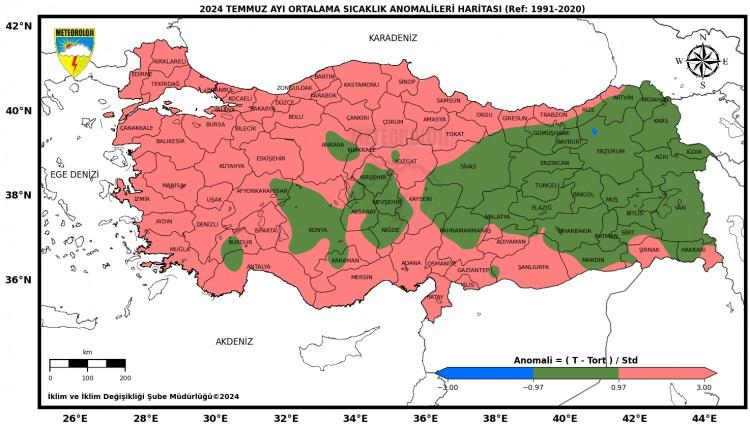 <p>2024 yılı temmuz ayında ortalama sıcaklıklar, İspir, Oltu, Doğubeyazıt çevrelerinde mevsim normallerinin altında; Emirdağ, Göksun, Tefenni, Korkuteli, Sivas, Ankara, Kırıkkale, Yozgat, Kırşehir, Nevşehir, Konya, Karaman, Niğde, Kayseri, Artvin, Gümüşhane, Bayburt, Şebinkarahisar, Doğu Anadolu Bölgesi'nin genelinde, Siirt, Mardin, Diyarbakır, Batman, Cizre, Birecik çevrelerinde mevsim normalleri civarında gerçekleşti.</p>
