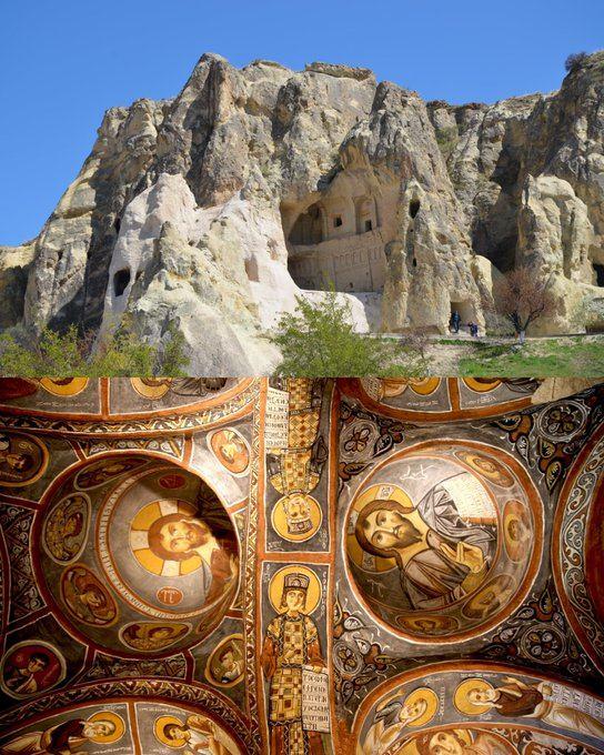 <p><span style="color:#B22222"><strong>Göreme Karanlık Kilisesi, Türkiye </strong></span></p>
<p> </p>
<p>Göreme Açık Hava Müzesi'nde yer alan Kapadokya'daki bu ünlü 11. yüzyıl manastır mağara kilisesi, canlı duvar resimleriyle tanınıyor.</p>