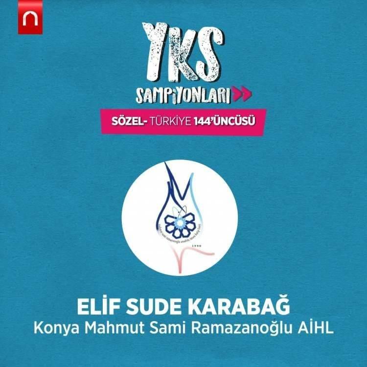 <p><strong>Elif Sude Karabağ<br />
Konya Mahmut Sami Ramazanoğlu AİHL<br />
Sözel Türkiye 144’üncüsü<br />
Necmettin Erbakan Üniversitesi İlahiyat Fakültesi</strong></p>