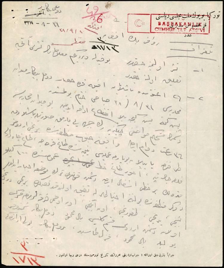 <p>Büyük Önder Mustafa Kemal Atatürk'ün, Rauf Bey'e gönderdiği ve 26 Ağustos'ta başlayıp 30 Ağustos'ta zaferle taçlanan Büyük Taarruz'un ayrıntılarının yer aldığı telgraf Cumhurbaşkanlığı Devlet Arşivleri Başkanlığında muhafaza ediliyor.</p>
