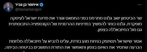<p>Gallant'ın "Hamas'a boyun eğdiğini" savunan ve Hamas ile yürütülen Gazze Şeridi'nde ateşkes ve esir takası müzakerelerini eleştiren Ben-Gvir, Savunma Bakanı'nın "yenilgiyi kabul eden anlayışın yıkıcı politikasını" Lübnan Hizbullahı'na karşı da sürdürmeyi seçtiğini öne sürdü.</p>
<p>Ben-Gvir, Hizbullah'a karşı "kesin bir savaş" yürütülmesi çağrısında bulundu.</p>