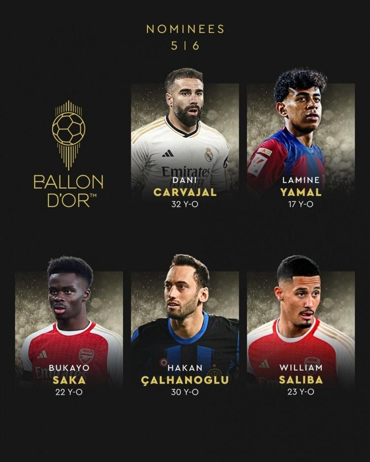 <p>Dani Carvajal<br />
Lamine Yamal<br />
Bukayo Saka<br />
Hakan çalhanoğlu<br />
William Saliba</p>
