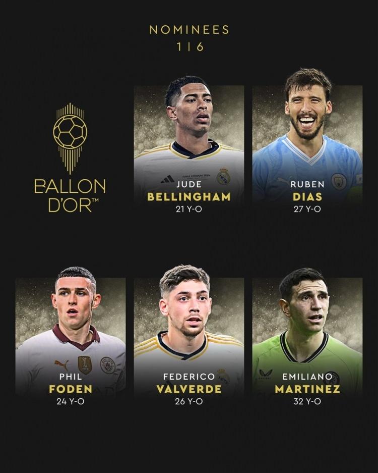 <p>Jude Bellingham<br />
Ruben Dias<br />
Phil Foden<br />
Fede Valverde<br />
Emi Martinez</p>
