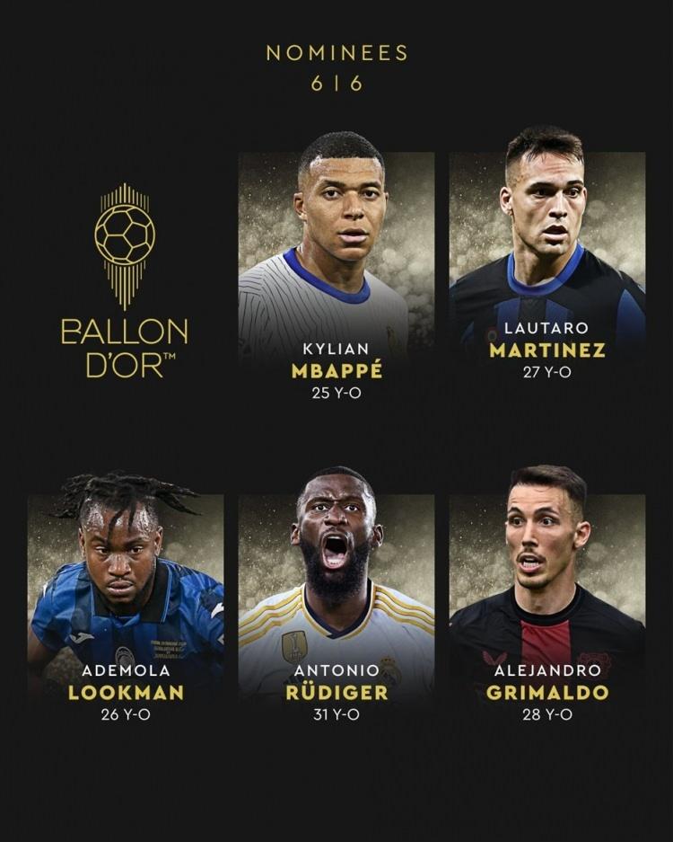 <p>Kylian Mbappe<br />
Lautaro Martinez<br />
Ademola Lookman<br />
Antonio Rüdiger<br />
Alejandro Grimaldo</p>
