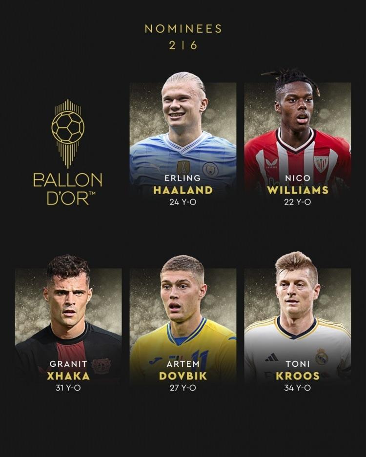 <p>Erling Haaland<br />
Nico Williams<br />
Granit Xhaka<br />
Artem Dovbik<br />
Toni Kroos</p>
