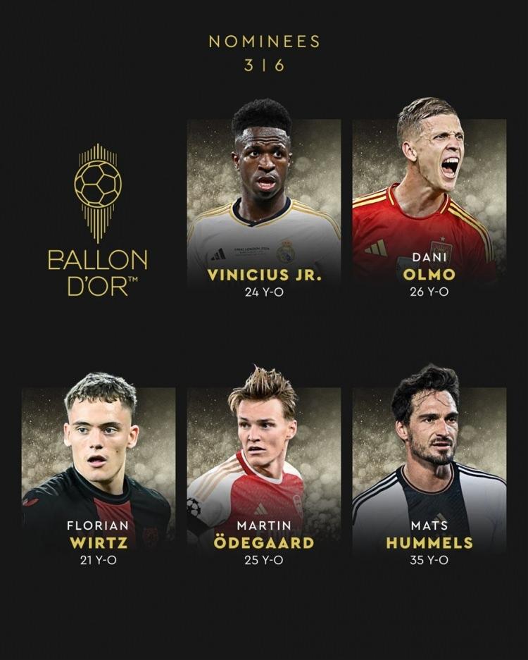 <p>Vinicius Jr.<br />
Dani Olmo<br />
Florian Wirtz<br />
Martin Odegaard<br />
Mats Hummels</p>
