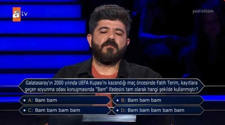 <p><strong>Galatasaray'ın 2000 yılında UEFA Kupası'nı kazandığı maç öncesinde Fatih Terim, kayıtlara geçen soyunma odası konuşmasında "Bam" ifadesini tam olarak hangi şekilde kullanmıştır?</strong></p>
