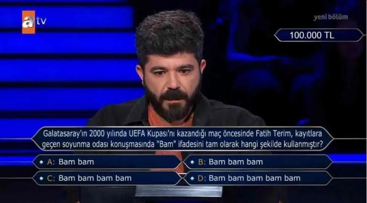 <p><strong>A) Bam Bam</strong></p>

<p><strong>B) Bam Bam Bam</strong></p>

<p><strong>C) Bam Bam Bam Bam</strong></p>

<p><strong>D) Bam Bam Bam Bam Bam</strong></p>
