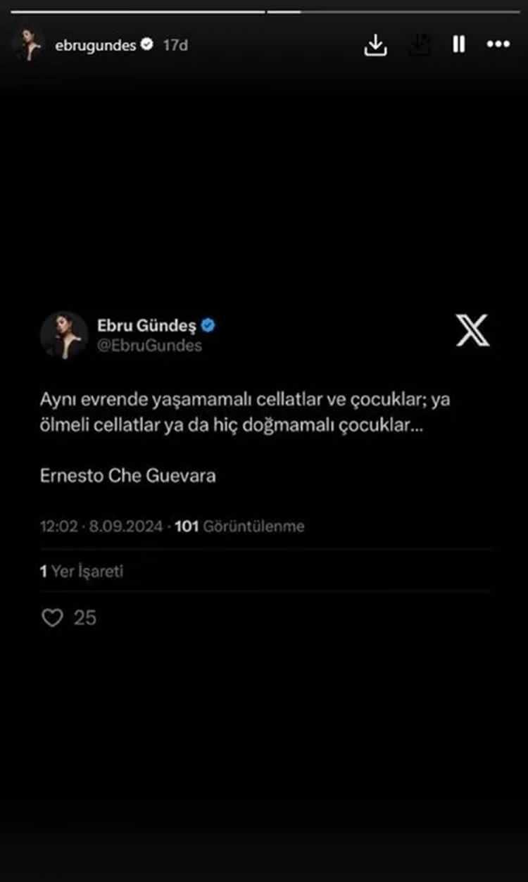 <p><span style="color:#800000"><strong>EBRU GÜNDEŞ </strong></span><br />
"Aynı evrende yaşamamalı cellatlar ve çocuklar, ya ölmeli cellatlar ya da hiç doğmamalı çocuklar...</p>
<p>Ernesto Che Guevara"</p>