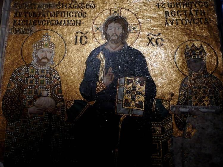 <p>Mektubun gönderildiği, Bizans İmparatoru Konstantinos IX. Monomakhos'un (soldaki) Hz. İsa ile tasvir edilen görüntüsü.</p>