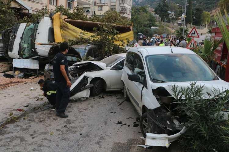 <p>Edinilen bilgilere göre, kaza Defne ilçesi Harbiye Mahallesi mevkiinde yaşandı. Kum yüklü Mercedes Benz marka hafriyat kamyonu, seyir halindeki ve park halindeki toplam 7 araca çarptı.</p>
