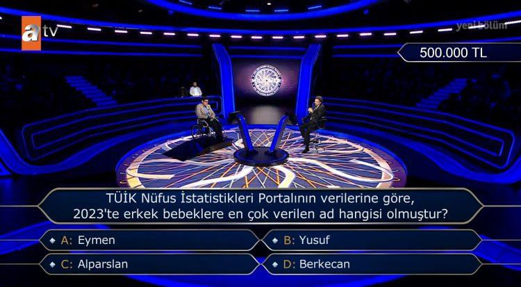 <p><span style="color:#000000"><strong>Son olarak 500 Bin TL değerindeki "TÜİK Nüfus İstatistikleri Portalının verilerine göre, 2023'te erkek bebeklere en çok verilen ad hangisi olmuştur?" sorusuna yanıt veren Çulha, "A: Eymen", "B: Yusuf", "C: Alparslan" ve "D: Berkecan" seçenekleri arasında kararsız kaldı.</strong></span></p>
