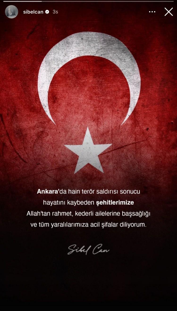 <p><strong>SİBEL CAN</strong></p>

<p><strong>"Ankara'da hain terör saldırısı sonucu hayatını kaybeden şehitlerimize Allah'tan rahmet, kederli ailelerine başsağlığı ve tüm yaralılarımıza acil şifalar diliyorum."</strong></p>
