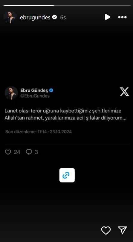 <p><strong>EBRU GÜNDEŞ</strong></p>
<p><strong>"Lanet olası terör uğruna kaybettiğimiz şehitlerimize Allah'tan rahmet, yaralılarımıza acil şifalar diliyorum..."</strong></p>