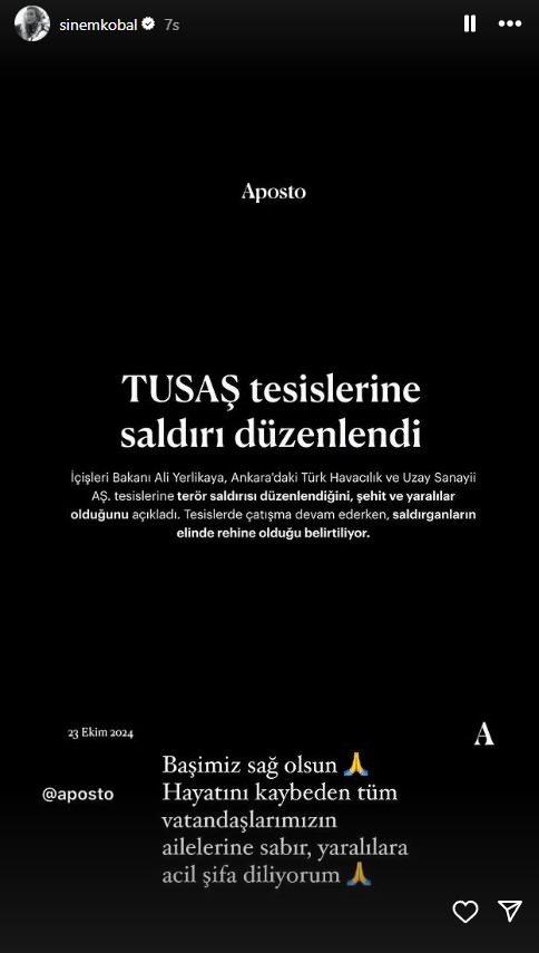 <p><strong>SİNEM KOBAL</strong></p>

<p><strong>"Başımız sağolsun. Hayatını kaybeden tüm vatandaşlarımızın ailelerine sabır, yaralılara acil şifa diliyorum"</strong></p>
