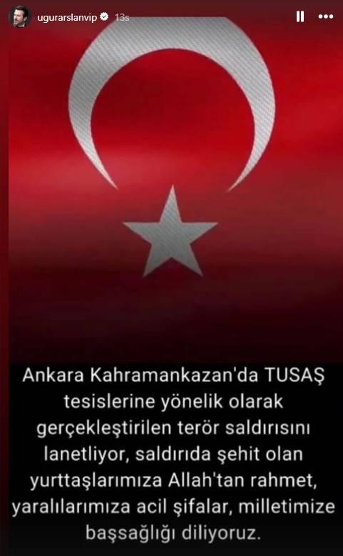 <p><strong>UĞUR ARSLAN</strong></p>

<p><strong>"Ankara Kahramankazan'da TUSAŞ tesislerine y&ouml;nelik olarak ger&ccedil;ekleştirilen ter&ouml;r saldırısını lanetliyor, saldırıda şehit olan yurttaşlarımıza Allah'tan rahmet, yaralılarımıza acil şifalar, milletimize başsağlığı diliyoruz"</strong></p>
