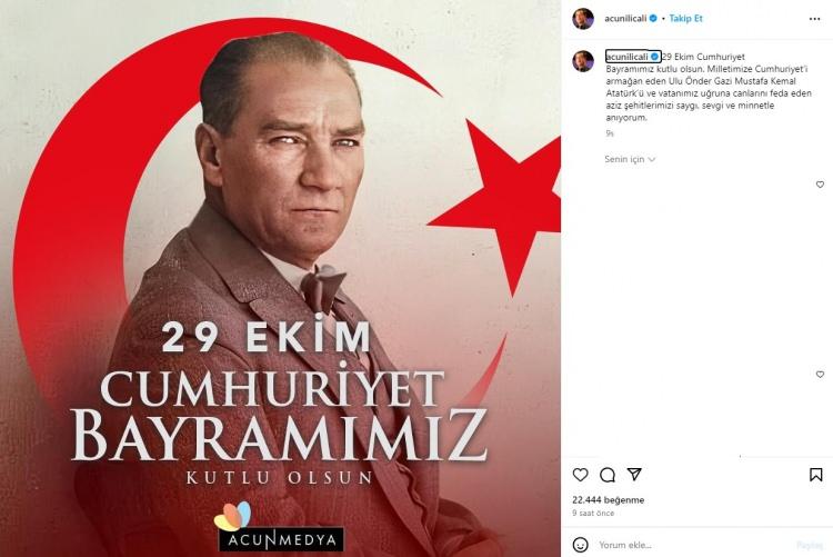 <p><strong>ACUN ILICALI:</strong></p>

<p>29 Ekim Cumhuriyet Bayramımız kutlu olsun. Milletimize Cumhuriyeti armağan eden ulu önder Gazi Mustafa Kemal Atatürk'ü ve vatanımız uğruna canlarını feda eden aziz şehitlerimizi saygı, sevgi ve minnetle anıyorum.</p>
