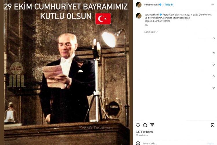 <p><strong>TÜRKAN ŞORAY:</strong></p>

<p>Atatürk'ün bizlere armağan ettiği Cumhuriyet ve devrimlerinin sonsuza kadar bekçisiyiz. Yaşasın Cumhuriyet.</p>
