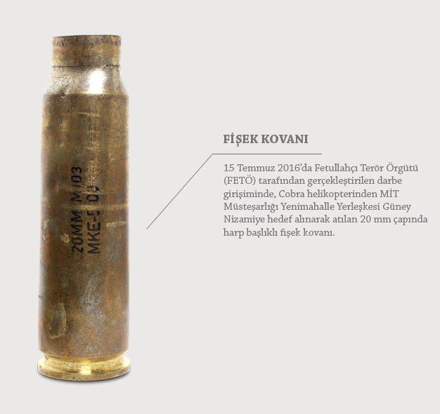 <p><strong>FİŞEK KOVANI</strong></p>
<p>15 Temmuz 2016'da FETÖ tarafından gerçekleştirilen darbe girişiminde, Cobra helikopterinden MİT Müsteşarlığı Yenimahalle Yerleşkesi Güney Nizamiye hedef alınarak 20 mm çapında harp başlıklı kovan.</p>