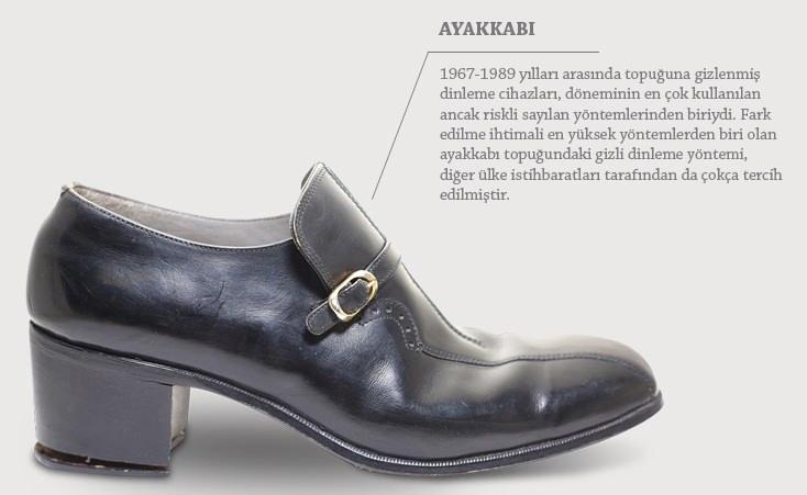 <p><strong>AYAKKABI</strong></p>
<p>1967-1989 yılları arasında toğuğuna gizlenmiş dinleme cihazları, dönemin en çok kullanılan ancak riskli sayılan yöntemlerinden biriydi.</p>