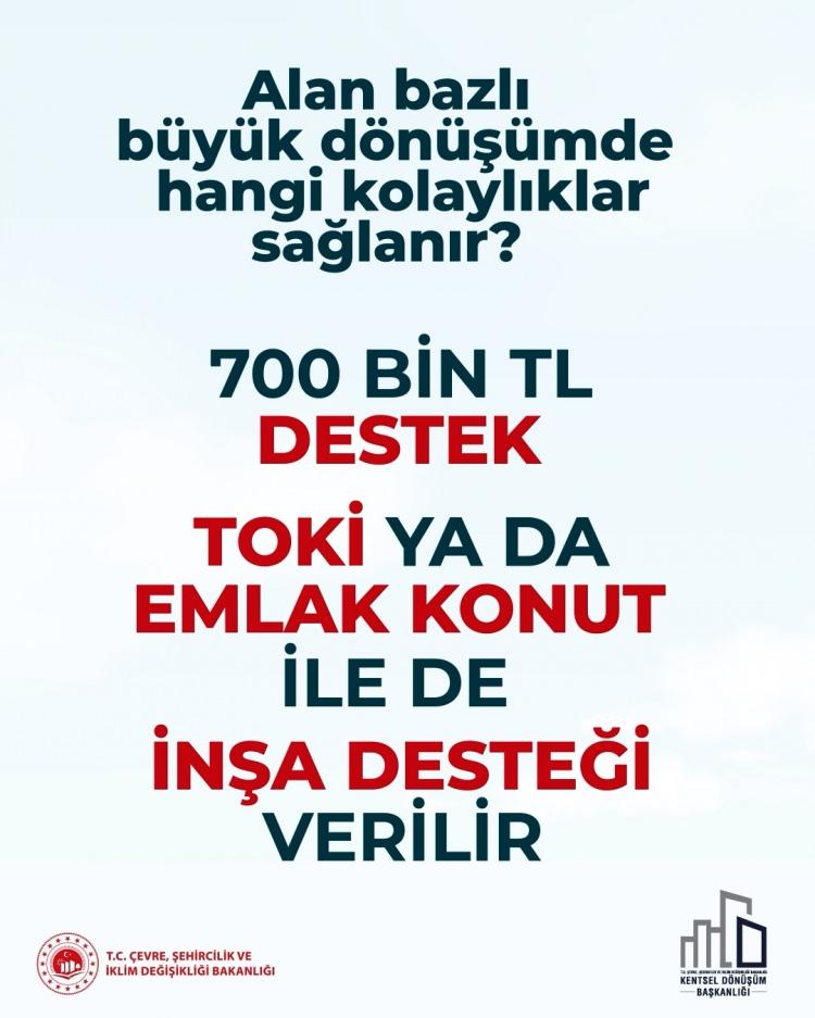 <p><em><strong>"Alan bazlı büyük dönüşümde hangi kolaylıklar sağlanır?" sorusu, "700 bin TL'lik hibe, TOKİ ya da Emlak Konut ile de inşa desteği verilir." diye cevaplandı.</strong></em></p>
<p> </p>
