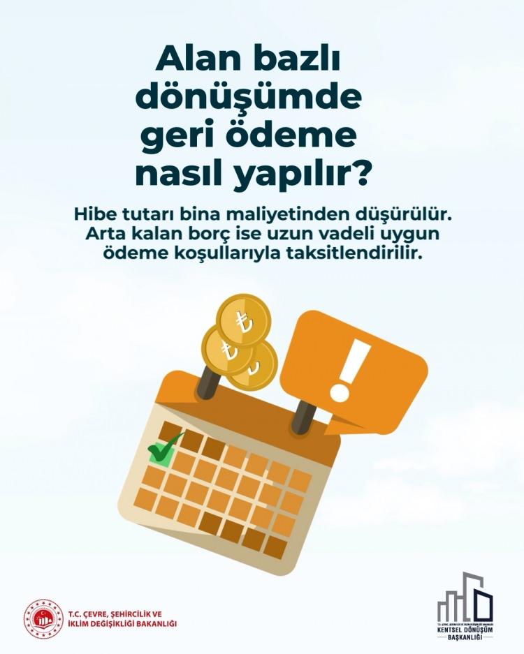 <p><em><strong>"Alan bazlı dönüşümde geri ödeme nasıl yapılır?" sorusuna, "Hibe tutarı bina maliyetinden düşürülür arta kalan borç ise uzun vadeli uygun ödeme koşullarıyla taksitlendirilir." yanıtı verildi.</strong></em></p>
<p> </p>